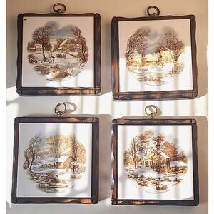1970s Currier and Ives Wood "the old homestead in winter" Set Of Four Wall Decor